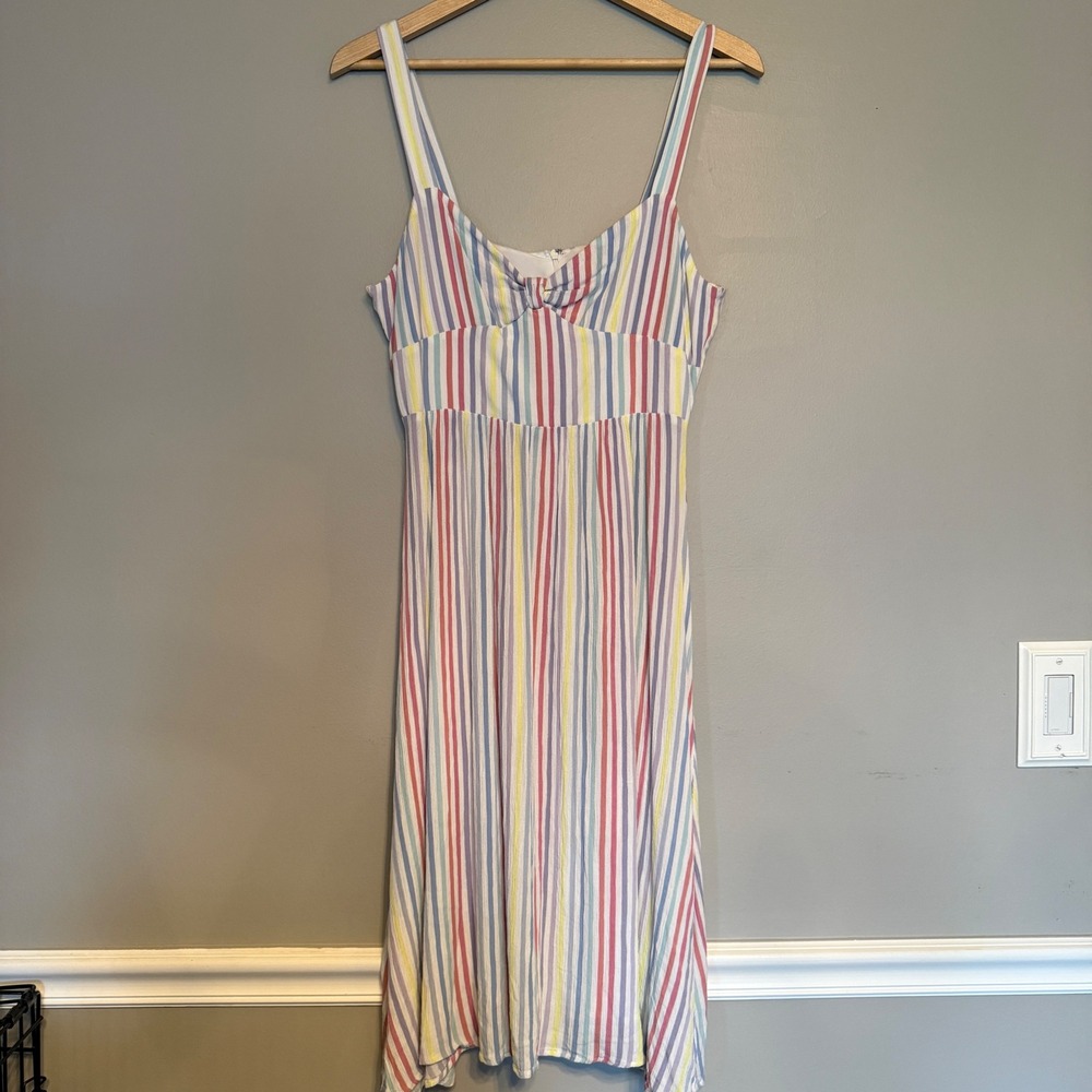 Forever 21 Women Pastel Rainbow Striped Knot Front Midi Dress‎ Large Multicolor
